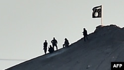 Islamic State (IS) militants stand next to an IS flag atop a hill in the Syrian town of Ain al-Arab, known as Kobani in October.