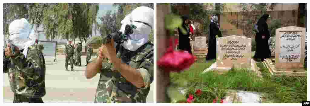 Left: Men who have volunteered to defend Iraq train at a military camp for the Iraqi special forces on March 12, 2003. Right: Women walk past the tomb of two unidentified Arab fighters buried in the Martyrs&#39; Cemetery in Baghdad&#39;s Adhamiyah neighborhood, a Sunni stronghold, on February 13, 2013.