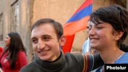 Tigran Arakelian is greeted by fellow opposition activists after his release in October.