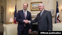 U.S. Secretary of State Rex Tillerson (right) meets with Georgian Foreign Minister Mikheil Janelidze, at the U.S. State Department in Washington, D.C., on February 10.