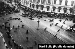 A photo made by Karl Bulla’s son, Viktor, moments after a crowd of demonstrators were machine-gunned amid mass unrest in St. Petersburg in the summer of 1917. The photo was shot from a rooftop near Karl Bulla’s photo studio.