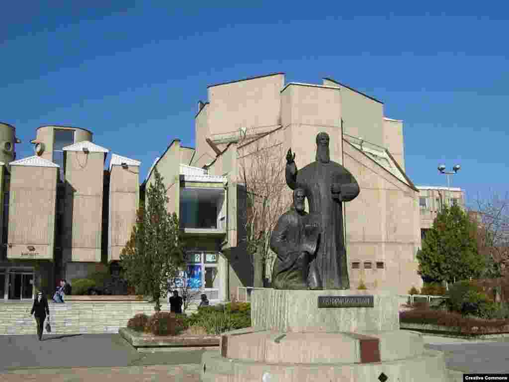 A statue of the early Christian missionaries Cyril and Methodius, known as the &quot;Apostles to the Slavs,&quot; outside the state university in Skopje