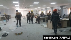 Video from the site shows ransacked offices with broken furniture and computers.