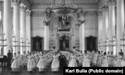 Upper-class girls being trained to dance the mazurka in St. Petersburg before 1917.