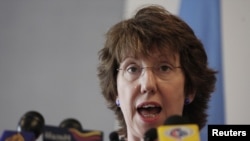 EU foreign policy chief Catherine Ashton speaks to reporters at the UN on September 22.