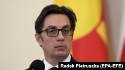 Macedonian President Stevo Pendarovski speaks at a press conference in Warsaw on February 4.