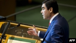 Turkmen President Gurbanguly Berdymukhammedov addresses the UN General Assembly on September 23.