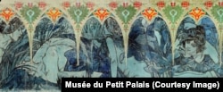 A detail from one of Mucha’s friezes, now on display in the Petit Palais in Paris. The painting is visible at the top of the frame of the previous photo.