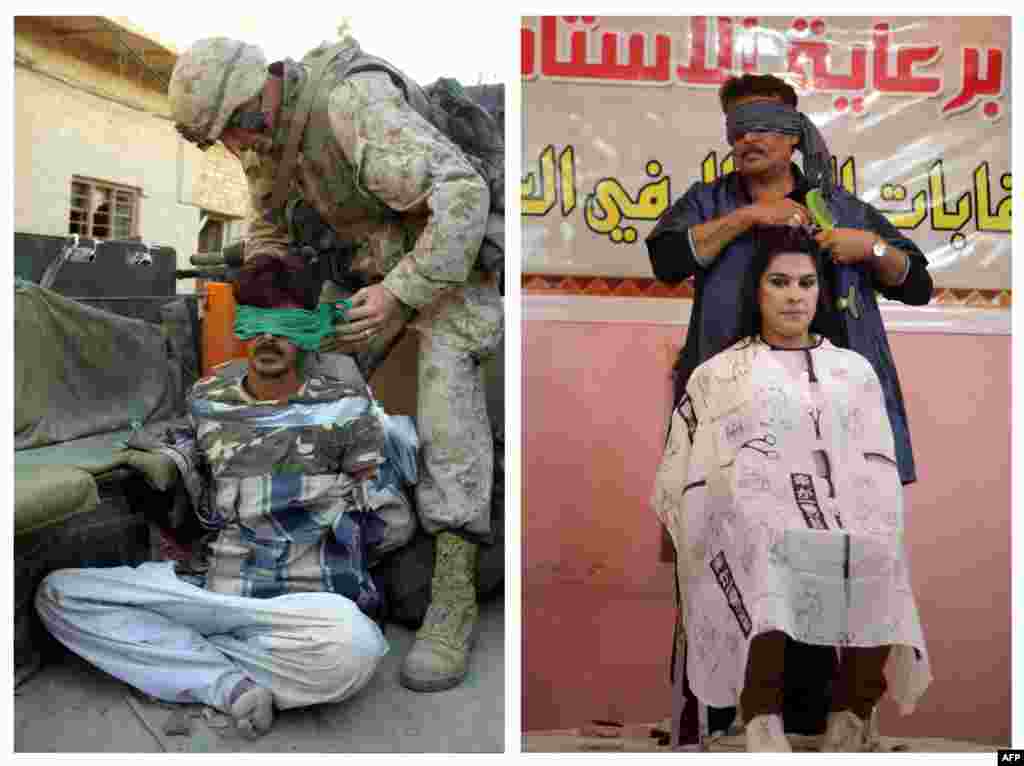 Left: A U.S. marine blindfolds a suspected insurgent on November 12, 2004, in Fallujah. Right: A blindfolded Iraqi hairdresser competes on stage during a hairdressers&#39; festival in Baghdad on February 9, 2013.