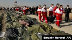 The recovered bodies of victims of the Ukrainian air disaster are seen seen near Tehran on January 8.