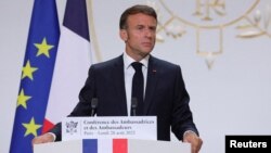 French President Macron gives a speech on France's foreign policy in Paris on August 28.