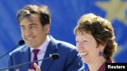 Georgian President Mikheil Saakashvili (left) and European Union High Representative Catherine Ashton in the Black Sea city of Batumi on July 15