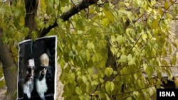 A picture of Ayatollah Ruhollah Khomeini and Iran's supreme leader, Ayatollah Ali Khamenei, hangs on a tree during a pro-government demonstration in Tehran on December 14.