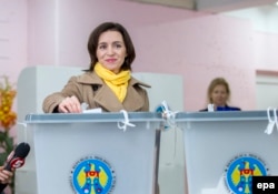 Maia Sandu casts her vote at a polling station in Chisinau on November 13.