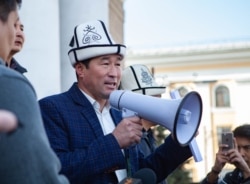 Kyrk Choro leader Zamirbek Kochorbaev speaks during a protest against a gay-pride march that was held in Bishkek in March.