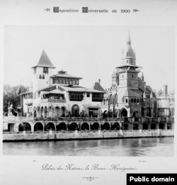 The Bosnian pavilion (left) on the banks of the Seine River. The structure was inspired by the distinctive architecture of Bosnia’s Gradacac Castle. On the right is the Hungarian pavilion.