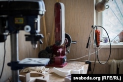 A 2019 photo showing a sander and other equipment the toymaker was forced to sell when she fled Belarus.