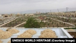 The 15th century Kok Gumbaz mosque's hastily renovated roof in 2016 and the modern park that replaced Shahrisabz's historic center.