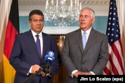 U.S. Secretary of State Rex Tillerson (right) meets with German Foreign Minister Sigmar Gabriel at the State Department in Washington on August 29.