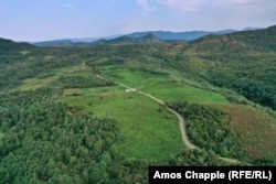 A rehabilitated tea plantation (light green patch in center) near Kutaisi. Most of the landscape surrounding the rehabilitated land consists of overgrown tea plantations.