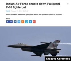 Screen grab of a TASS article claiming a Pakistani F-16 jet was downed by the Indian Air Force.