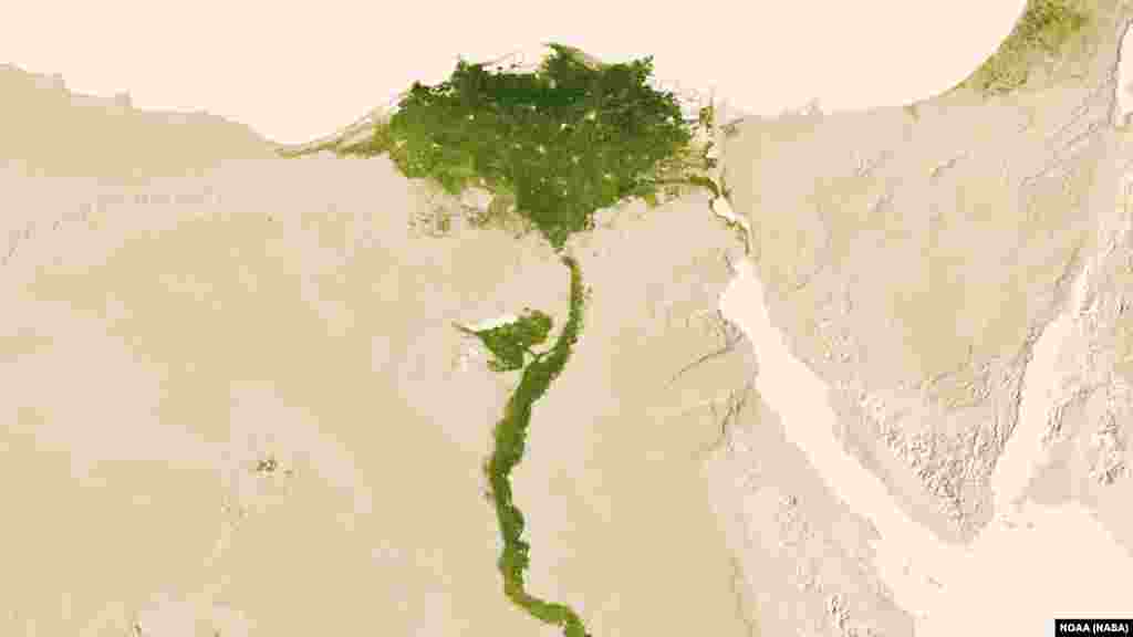 Amidst the deserts of Egypt, the Nile River provides life-sustaining water to the region. Also visible are the urbanized areas of northern Egypt, based on satellite imaging data taken July 9-15, 2012.