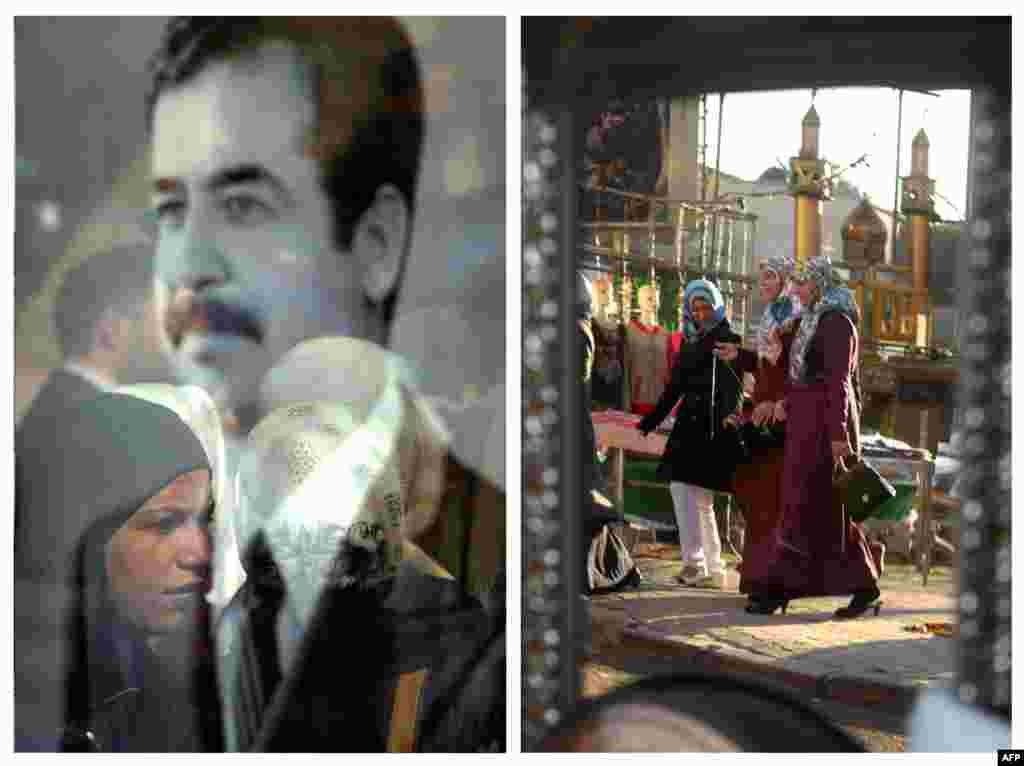 Left: A reflection of women is seen in the glass covering a photograph of Saddam Hussein on January 25, 2003. Right: Women are reflected in a mirror displayed by a street vendor on February 4, 2013, in Baghdad&#39;s central Karrada neighborhood.