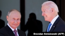 Russian President Vladimir Putin (left) and U.S. President Joe Biden before their summit meeting in Geneva on June 16. 