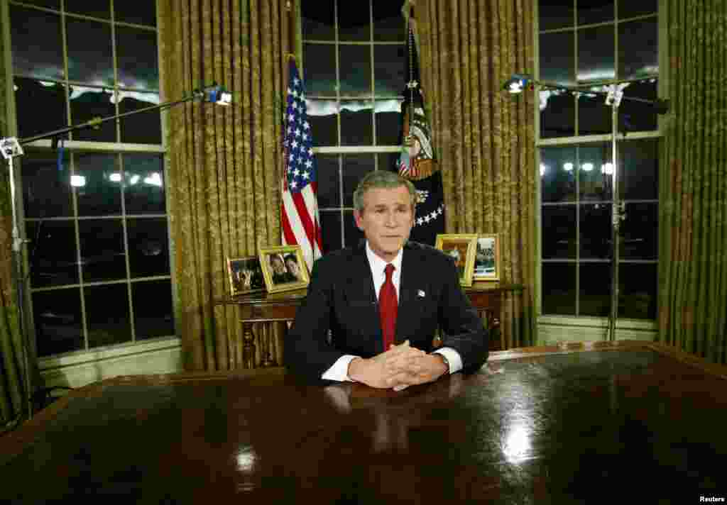 U.S. President George W. Bush announces the start of U.S. strikes in Iraq during a televised address from the Oval Office on March 19.