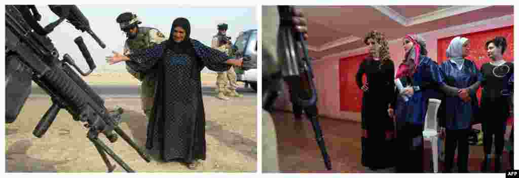 Left: A female U.S. soldier searches a Kurdish Iraqi woman at a checkpoint on October 25, 2004, in Ramadi. Right: An armed guard stands in front of models during a convention of hairdressers and make-up artists on February 9, 2013.