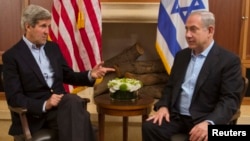 Netanyahu's (at right in a June 27 meeting with U.S. Secretary of State John Kerry) remarks appeared to be lowering expectations for the talks after Kerry's announcement that negotiations would resume after a five-year hiatus.