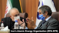 Iranian Atomic Energy Organization chief Ali Akbar Salehi (left) speaks with IAEA chief Rafael Mariano Grossi at a joint press conference in Tehran on August 25.