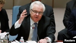 Russian Ambassador to the UN Vitaly Churkin addresses members of the Security Council during a meeting about the Ukraine situation on March 6, 2015. 