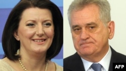 Kosovo's Atifete Jahjaga (left) and Serbia's Tomislav Nikolic are holding their first meeting under EU auspices.