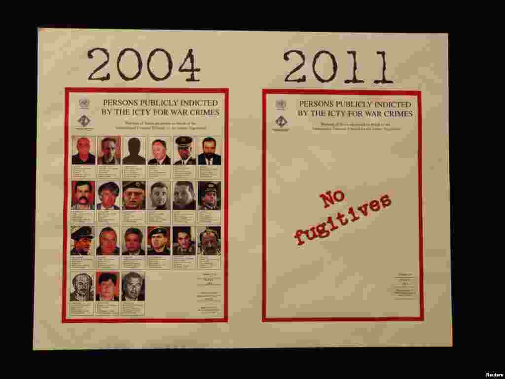 Posters with pictures of people indicted for war crimes from 2004 and 2011 are seen at the ICTY.