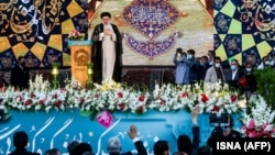 Iranian President Ebrahim Raisi delivers speech at the Imam Reza shrine in the city of Mashhad in June 2021.