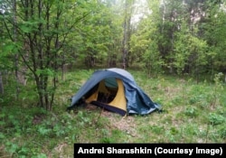 The tent Sharashkin sleeps in during the summer.