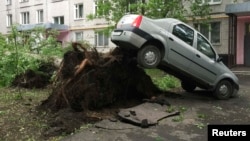 A car was lifted into the air by the roots of a large tree knocked down in the violent storm that shook Moscow on May 29.