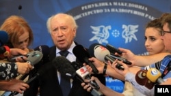 UN special envoy Matthew Nimetz speaks to the press in Skopje on July 3.