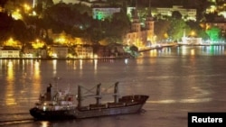 A cargo ship carrying Ukraine grain transits the Bosphorus in Istanbul, Turkey.