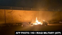 The destroyed vehicle in which Qasem Soleimani was riding following a U.S. drone strike on January 3