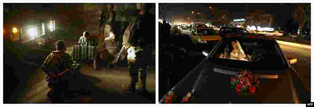 Left: U.S. soldiers arrest several close allies of President Saddam Hussein during a raid on their house on March 20, 2003. Right: A bride sits in a car decorated for her wedding on February 7, 2013.