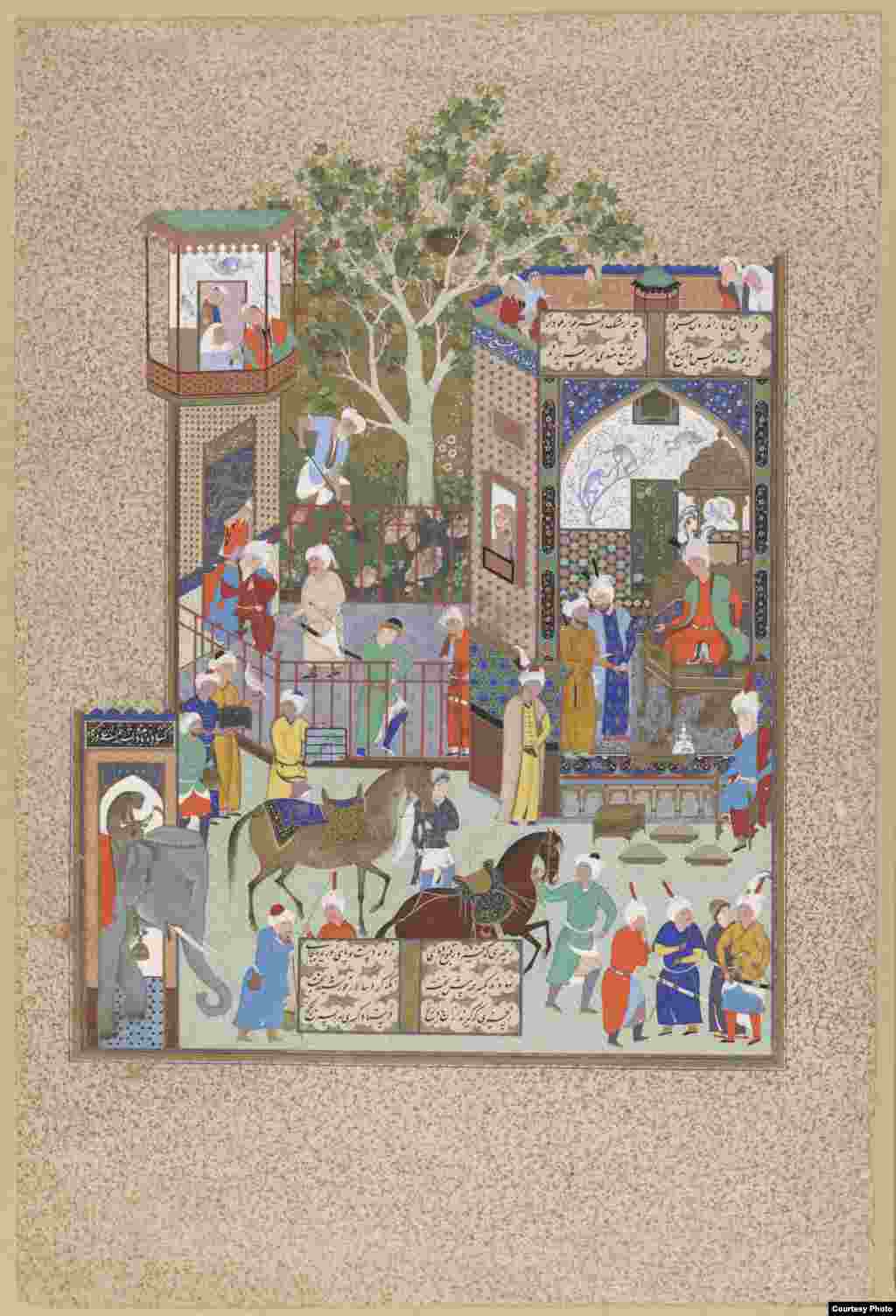 Ferdowsi’s poem stops at the 7th-century Islamic conquest of Persia, probably, scholars says, because he ran out of time to record events beyond that point. "Nurshivan Receives An Embassy From The Ray Of Hind," Tabriz, Iran, circa 1520s, from "The Shahnameh" (Book of Kings) by Firdawsi Photos courtesy of the Smithsonian Institute, Washington, D.C.