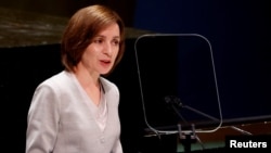 Moldovan President Maia Sandu addresses the United Nations General Assembly in New York on September 22.