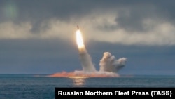 A Bulava ballistic missile is launched in the Barents Sea in 2019.