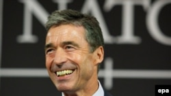 The new secretary-general of NATO, Anders Fogh Rasmussen, gives a press conference at NATO headquarters in Brussels.